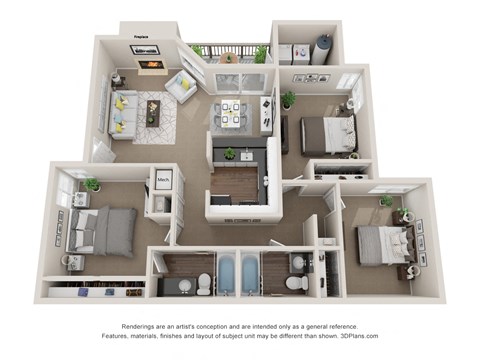 Floor plan for 3 beds, 2 baths, 1100 sqft